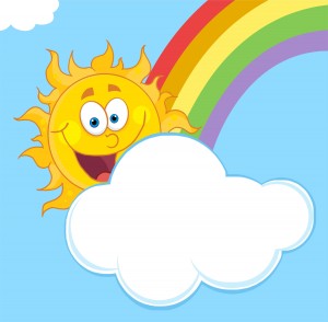 4046_happy_sun_mascot_cartoon_character_hiding_behind_cloud_and_rainbow